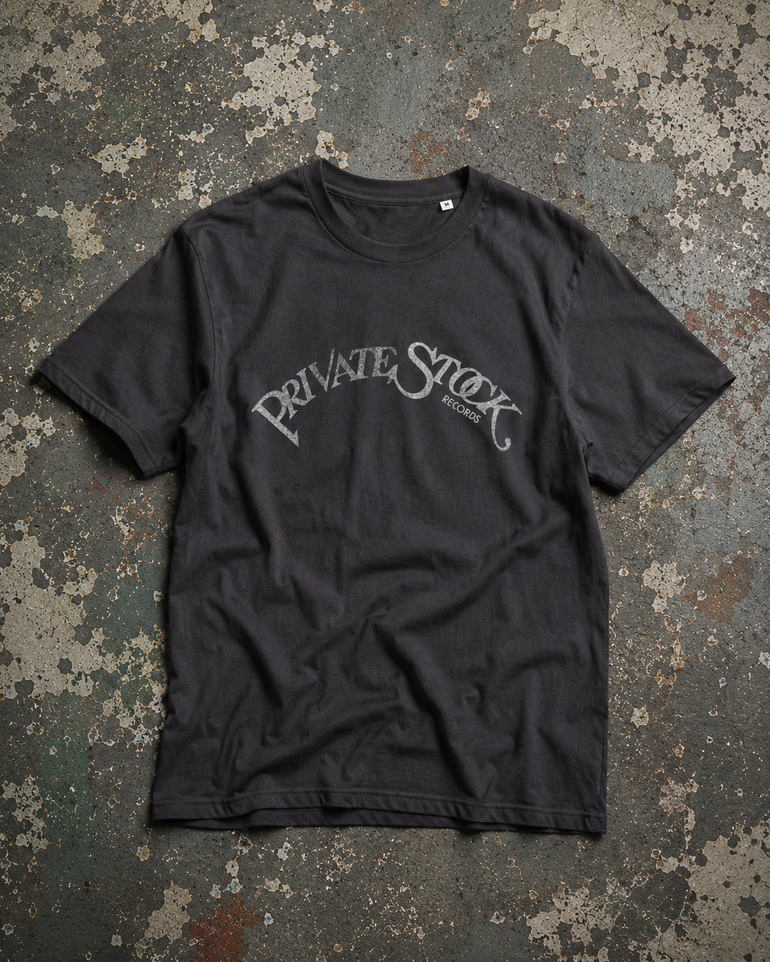 Private Stock Records Logo Vintage Distressed organic ribbed neck t-shirt