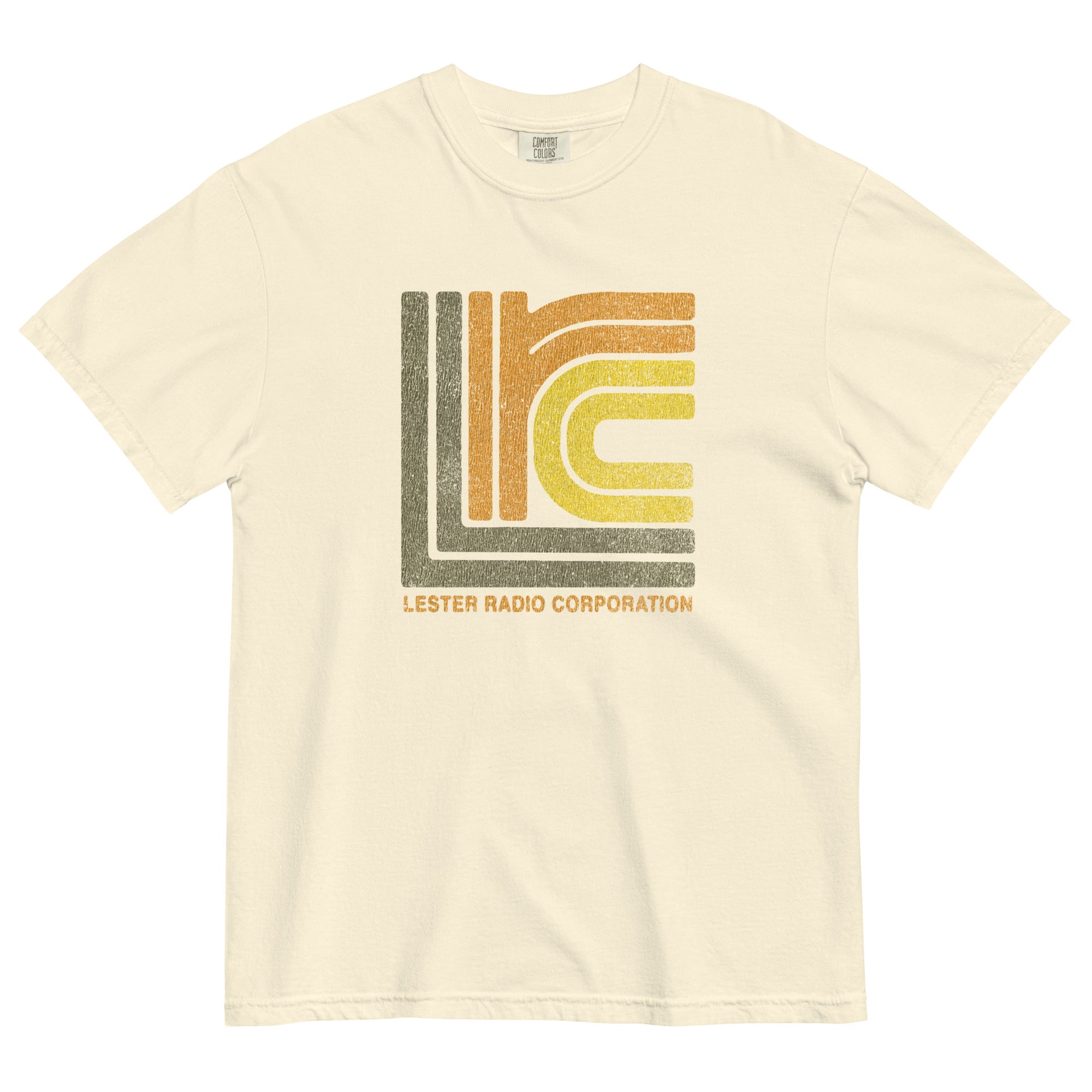 LRC - Lester Radio Corporation Vintage Distressed garment-dyed heavyweight t-shirt, ivory colorway, front view
