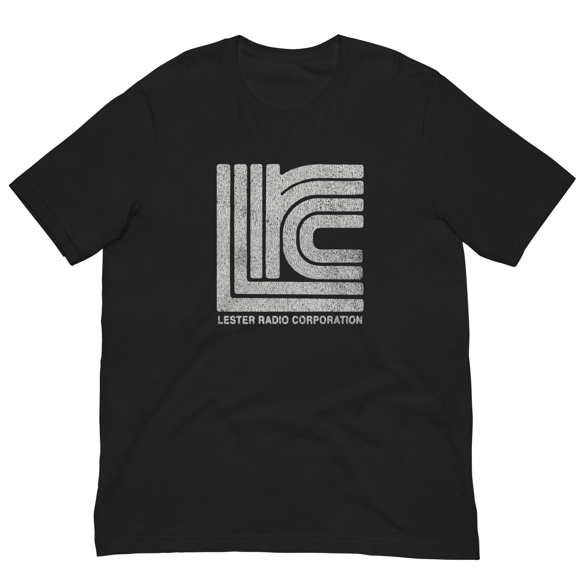 LRC - Lester Radio Corporation Vintage Distressed t-shirt, vintage black colorway, front view