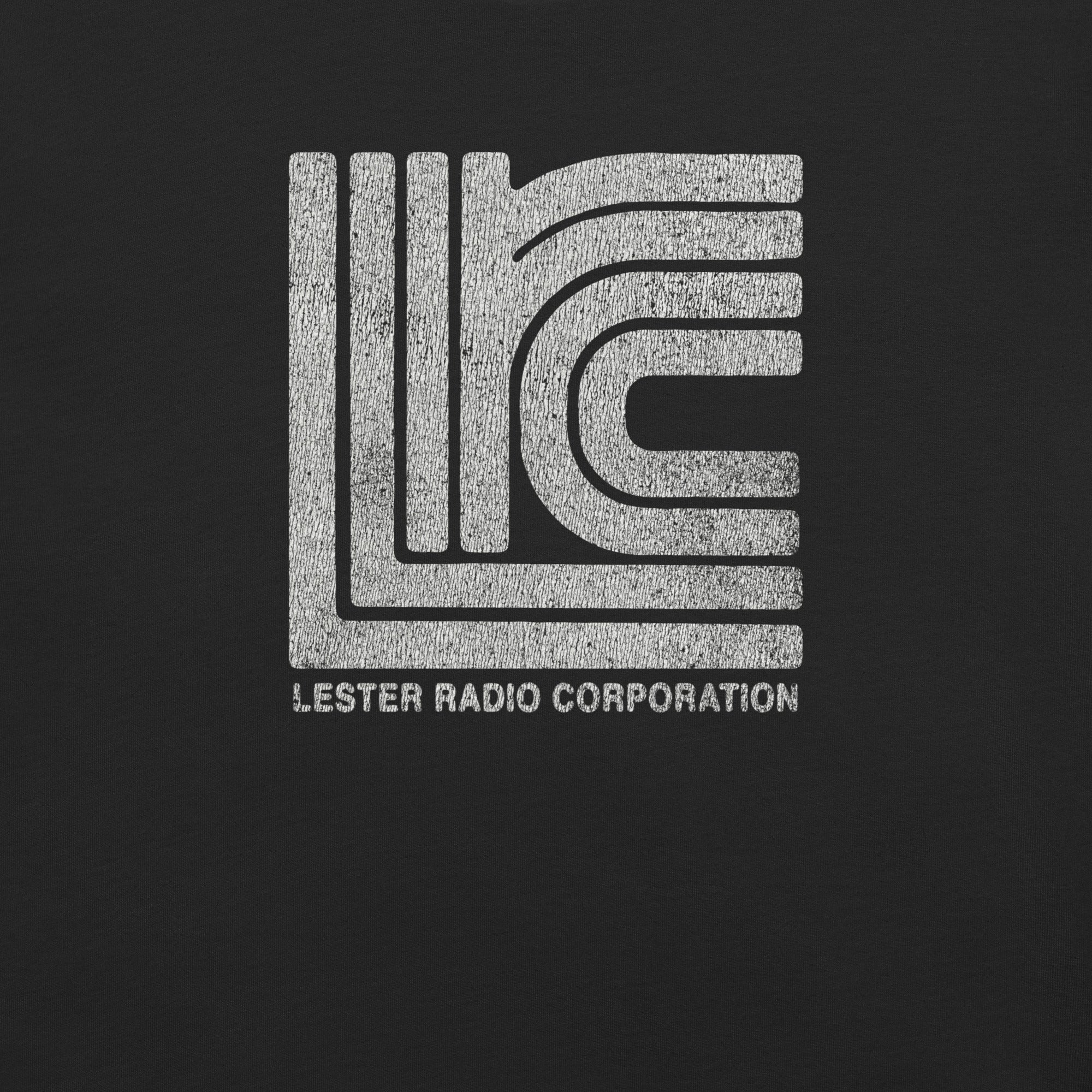 LRC - Lester Radio Corporation Vintage Distressed t-shirt, vintage black colorway, front view (2)